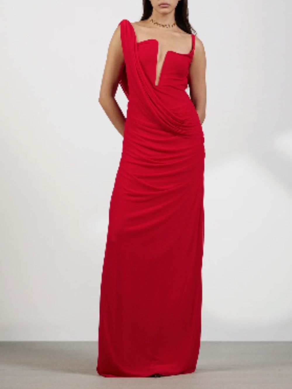 Deme By Gabriella Adriana Structured Wire Bust Asymmetrical Drape Dress in Red